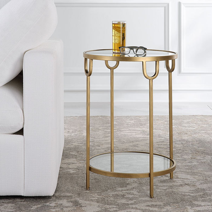 Straven Accent Table | Antique Gold with Mirrored Top and Tempered Glass Bottom (17 in. W x 24 in. H)