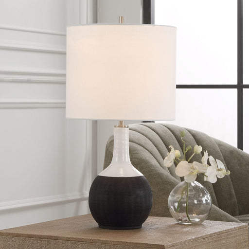Ormika Matte Black Chalk White Modern Ceramic Accent Table Lamp with White Linen Shade (23" H Lamp with 10" H x 12" W Shade)