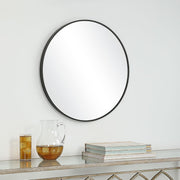 Arculo Satin Black Mirror | Modern Round Aluminum Frame Bathroom Vanity Mirror (24 in. W x 24 in. H x 1 in. D)