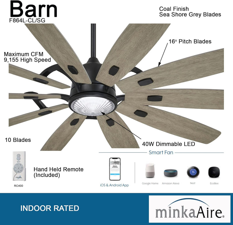 Minka Aire Barn F864L-CL/SG 65-Inch LED Smart Modern Ceiling Fan in Coal Black with Seashore Grey Blades and Remote