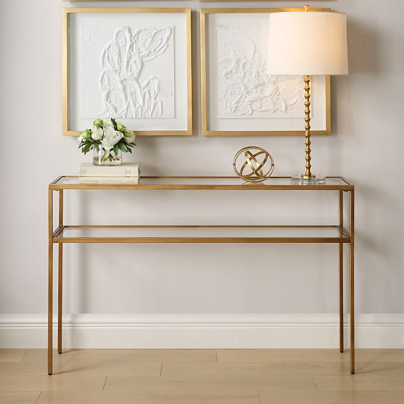 Cavli Console Table | Warm Gold with Tempered Glass Shelves (48 in. W x 30 in. H x 10 in. D)