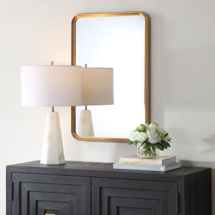 Solvera Champagne Gold Leaf Mirror | Modern Rectangle Engineered Wood Frame Bathroom Vanity Mirror Mounted Vertical or Horizontal (20 in. W x 30 in. H x 1 in. D)
