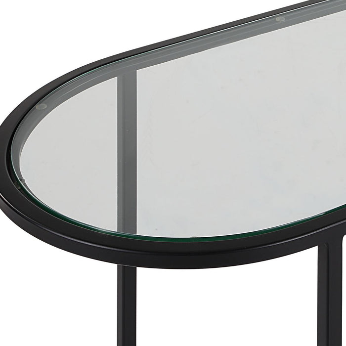 Strada Nesting Tables Set of 2 | Matte Black and Clear Tempered Glass Top (Medium: 22 in. W x 19.5 in. H x 10.5 in. D; Large: 24 in. W x 22 in. H x 12.5 in. D)