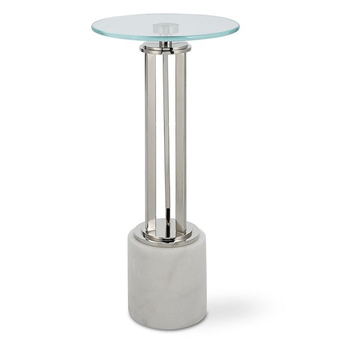 Mara Accent Table | Nickel and Tempered Glass Top with White Marble Base (11 in. W x 24 in. H)