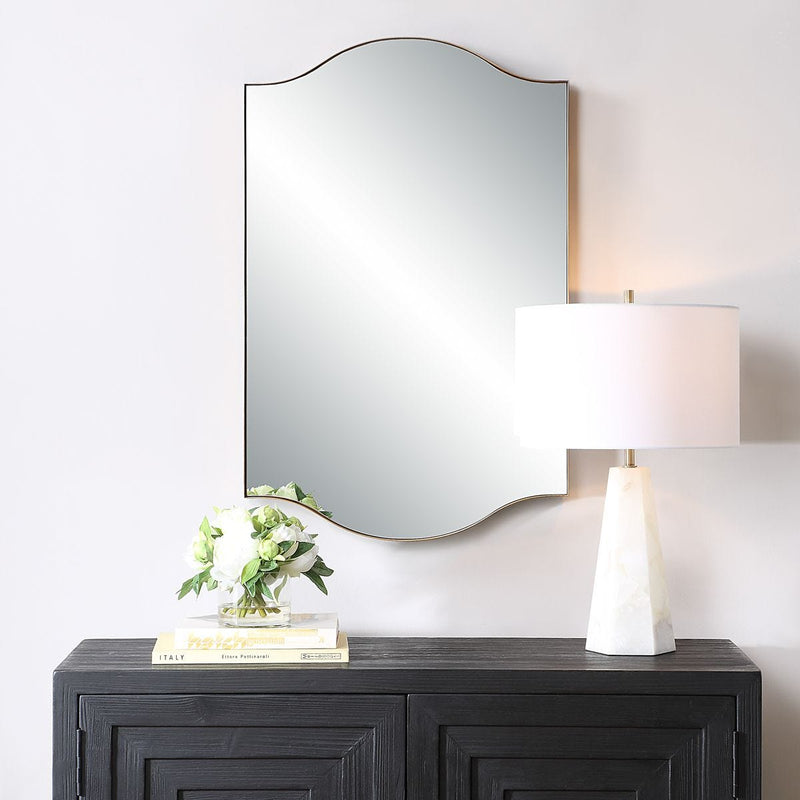 Cascaro Brushed Gold Mirror | Modern Arch Iron Frame Bathroom Vanity Mirror Mounted Vertical or Horizontal (22 in. W x 34 in. H x 2 in. D)