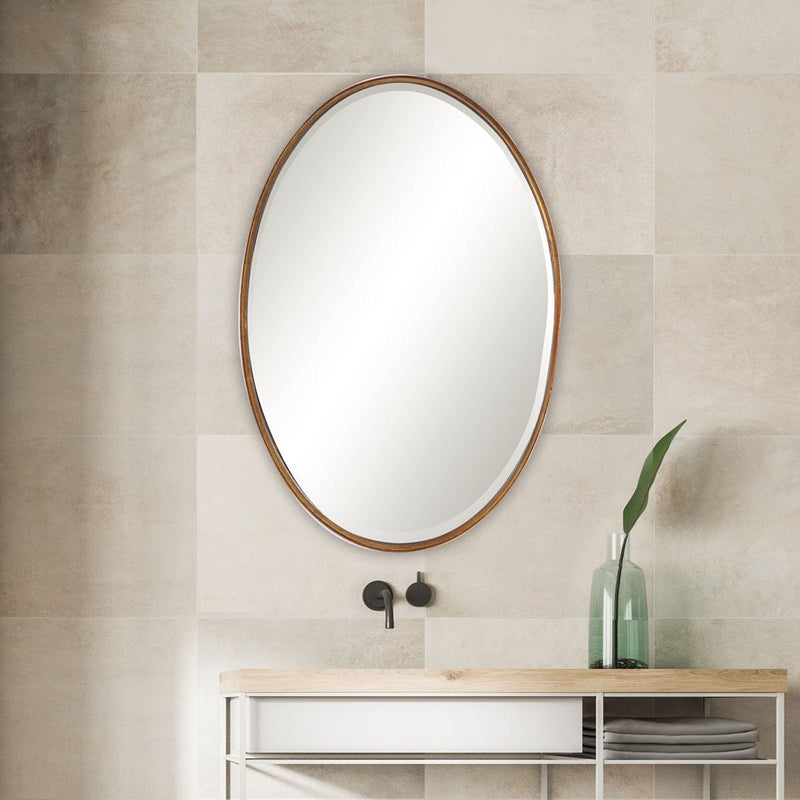 Mirza Gold Leaf Mirror | Modern Oval Iron Frame Bathroom Vanity Mirror Mounted Vertical or Horizontal (24 in. W x 35 in. H x 2 in. D)