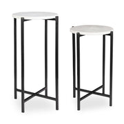 Crestan Accent Tables Set of 2 | Matte Black and White Marble Top (Medium: 11 in. W x 18 in. H; Large: 11 in. W x 22 in. H)