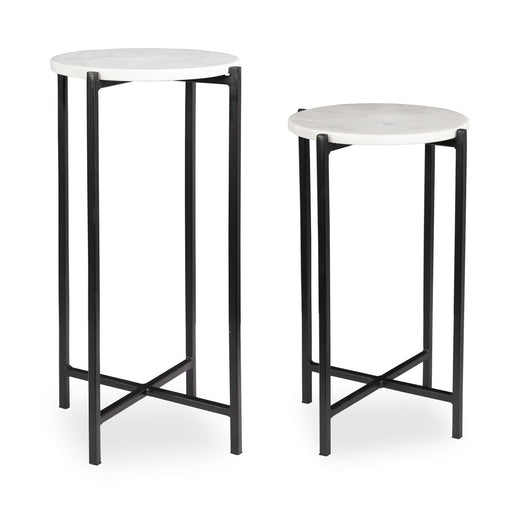 Crestan Accent Tables Set of 2 | Matte Black and White Marble Top (Medium: 11 in. W x 18 in. H; Large: 11 in. W x 22 in. H)