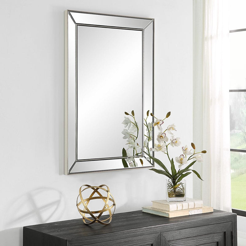 Norwin Nickel Mirror | Modern Rectangle Frame Bathroom Vanity Mirror Mounted Vertical or Horizontal (23 in. W x 34 in. H x 1 in. D)