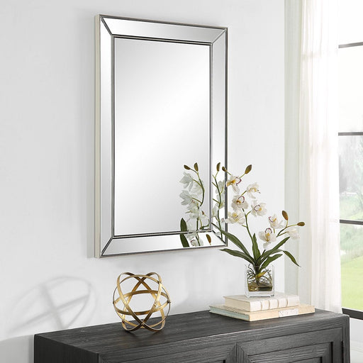 Norwin Nickel Mirror | Modern Rectangle Frame Bathroom Vanity Mirror Mounted Vertical or Horizontal (23 in. W x 34 in. H x 1 in. D)