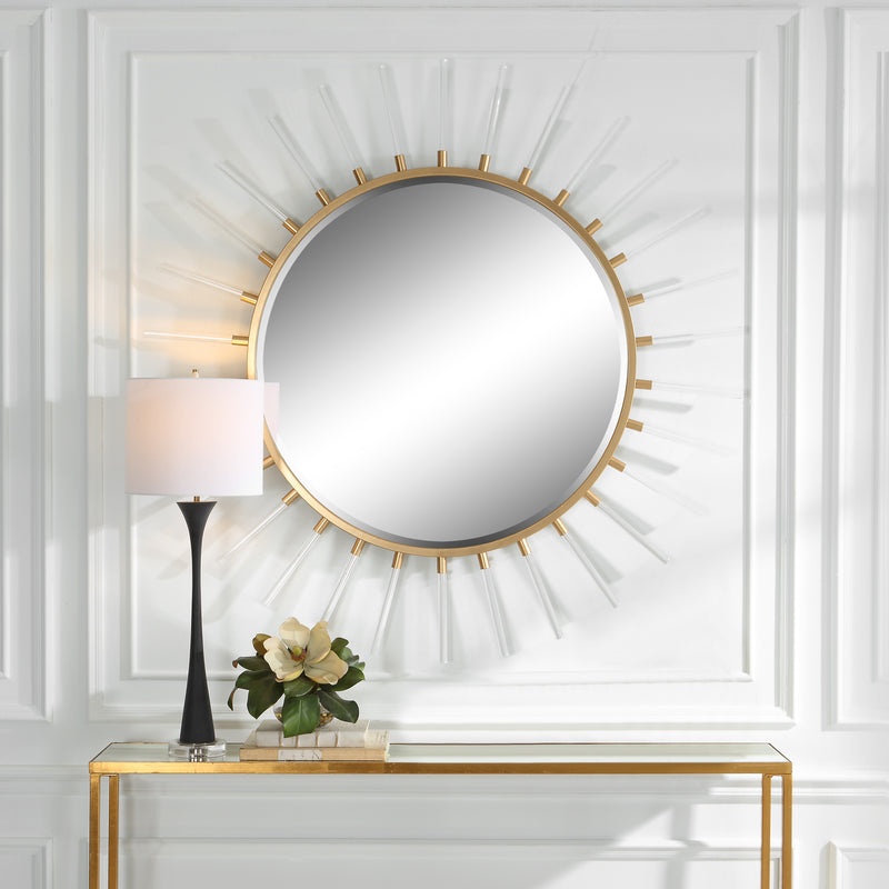 Uttermost Oracle 09883 metallic gold leaf modern round mirror with forged iron frame and clear acrylic rods, 55 in. W x 55 in. H