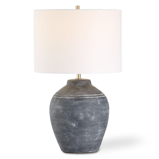 Vulnix Weathered Black Ceramic Modern Table Lamp with Off White Linen Shade (24" H Lamp with 10" H x 14" W Shade)