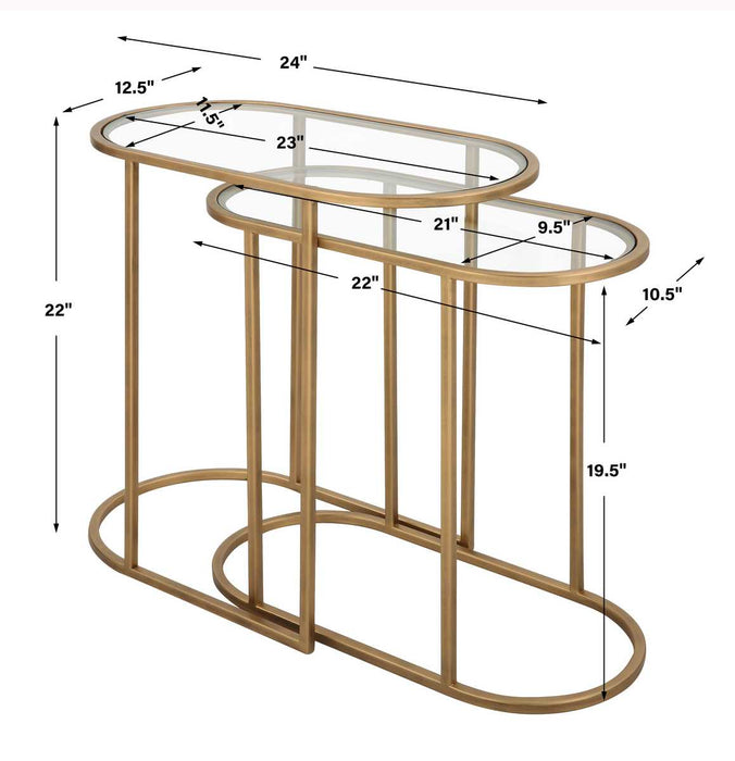 Strada Nesting Tables Set of 2 | Antique Brushed Brass and Clear Tempered Glass Top (Medium: 22 in. W x 19.5 in. H x 10.5 in. D; Large: 24 in. W x 22 in. H x 12.5 in. D)