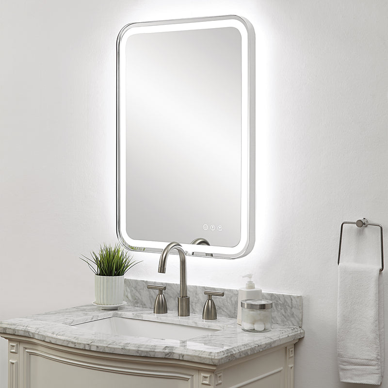 Uttermost Crofton 09945 nickel modern LED rectangle bathroom vanity mirror with integrated lighting, frosted strip mirror, and polished nickel frame, 22 in. W x 32 in. H