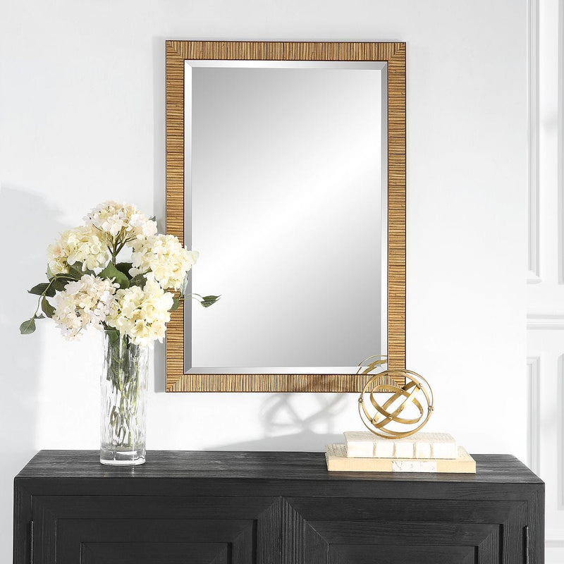 Shorlin Coastal Mirror | Modern Rectangle Rattan Polymer Frame Bathroom Vanity Mirror Mounted Vertical or Horizontal (22 in. W x 32 in. H x 1 in. D)