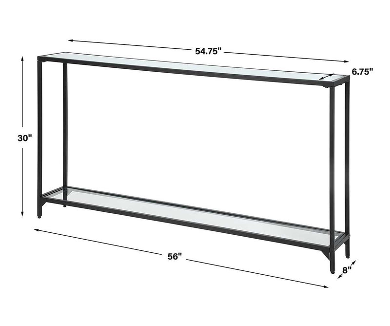 Tivlo Console Table | Satin Black with Mirrored Top and Tempered Glass Bottom (56 in. W x 30 in. H x 8 in. D)