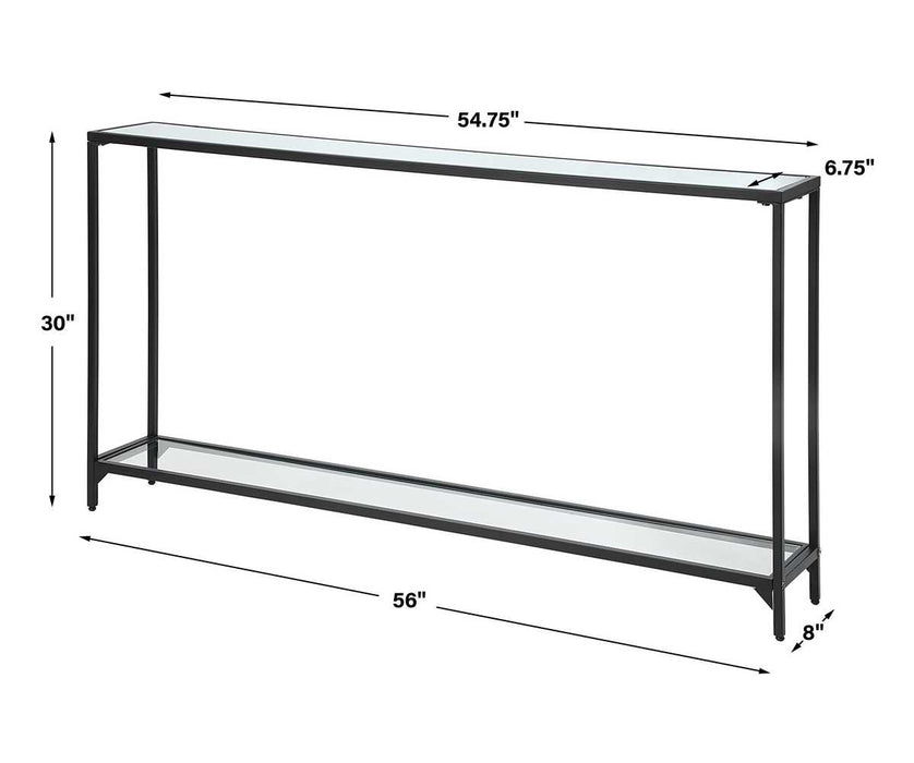 Tivlo Console Table | Satin Black with Mirrored Top and Tempered Glass Bottom (56 in. W x 30 in. H x 8 in. D)