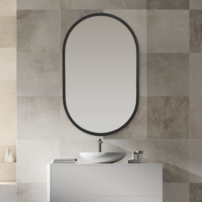Orelis Matte Black Mirror | Modern Oval Engineered Polymer Frame Bathroom Vanity Mirror Mounted Vertical or Horizontal (20 in. W x 32 in. H x 1 in. D)