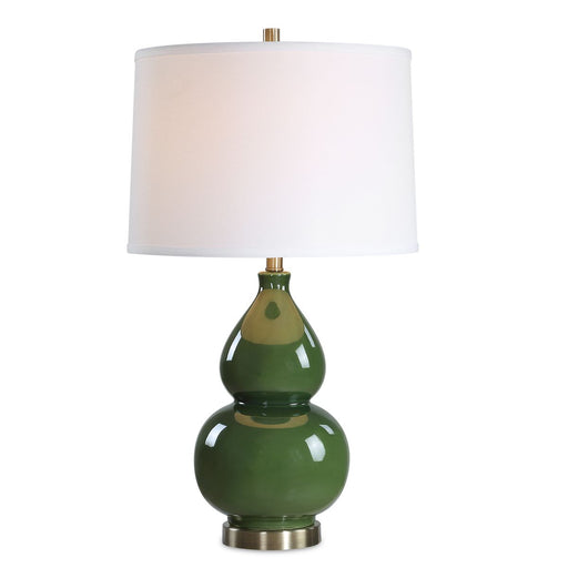 Hollis Dark Green Glaze Modern Ceramic Table Lamp with White Linen Shade (26" H Lamp with 10" H x 15" W Shade)