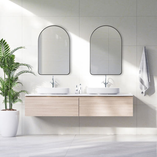 The Retrona Satin Black Mirror | Modern Arch Iron Frame Bathroom Vanity Mirror (22 in. W x 34 in. H x 1 in. D)