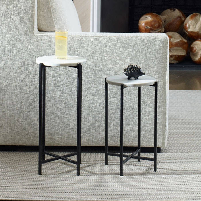 Crestan Accent Tables Set of 2 | Matte Black and White Marble Top (Medium: 11 in. W x 18 in. H; Large: 11 in. W x 22 in. H)