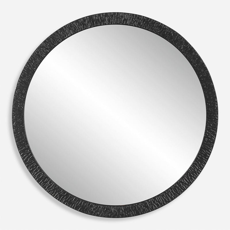 Torvek Satin Black Mirror | Modern Round Textured Iron Frame Bathroom Vanity Mirror (34 in. W x 34 in. H x 1 in. D)