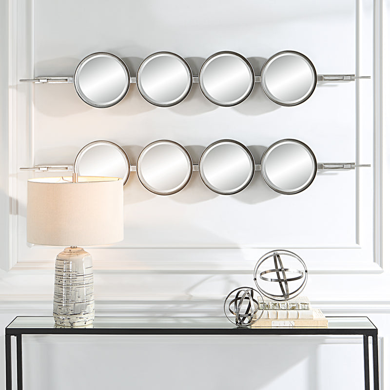 Uttermost Button 09842 silver leaf modern tall round mirror with sleek iron base and four round beveled mirrors, 10 in. W x 60 in. H