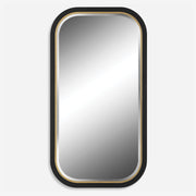 Uttermost Nevaeh 09880 black and gold modern rectangle bathroom vanity mirror with curved satin black frame and gold leaf inner edge, 23 in. W x 43 in. H