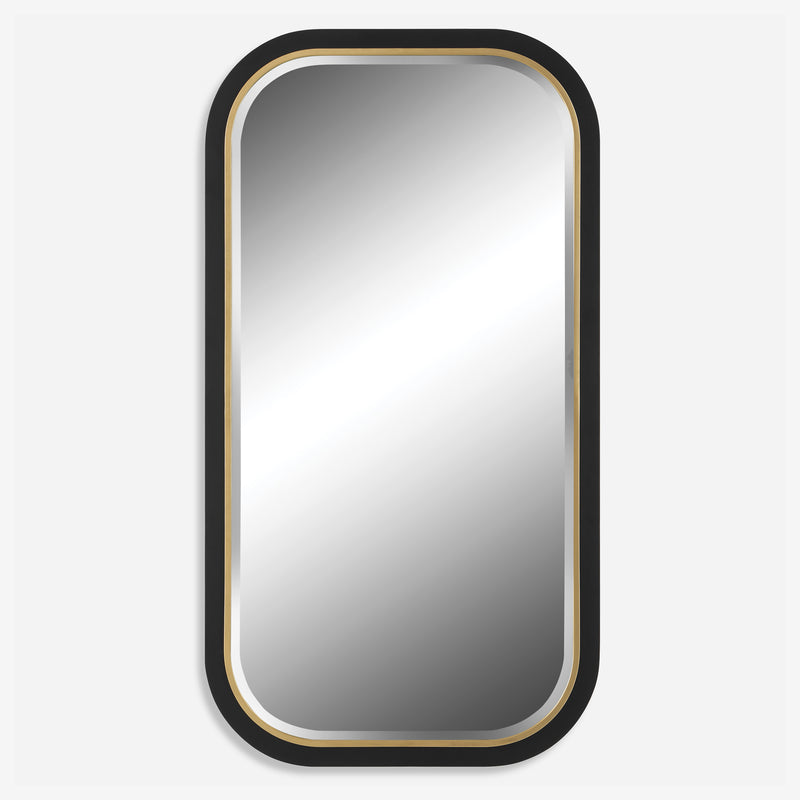 Uttermost Nevaeh 09880 black and gold modern rectangle bathroom vanity mirror with curved satin black frame and gold leaf inner edge, 23 in. W x 43 in. H