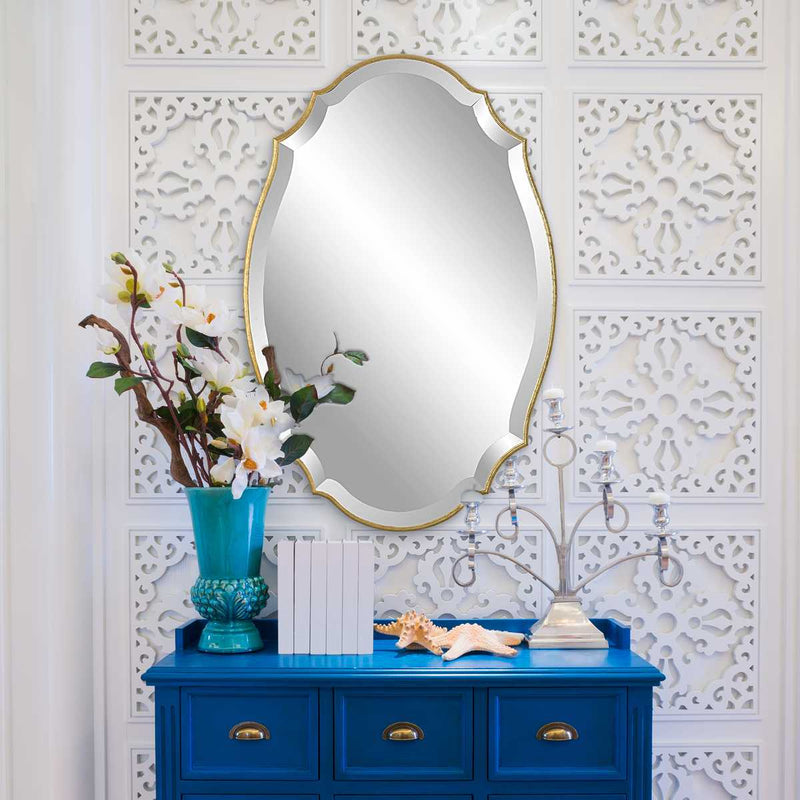 Domari Antique Metallic Gold Leaf Mirror | Modern Oval Engineered Wood Frame Bathroom Vanity Mirror Mounted Vertical or Horizontal (20 in. W x 30 in. H x 1 in. D)
