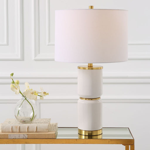 Solindra Gloss White Modern Ceramic Table Lamp with White Linen Shade (26" H Lamp with 10" H x 15" W Shade)