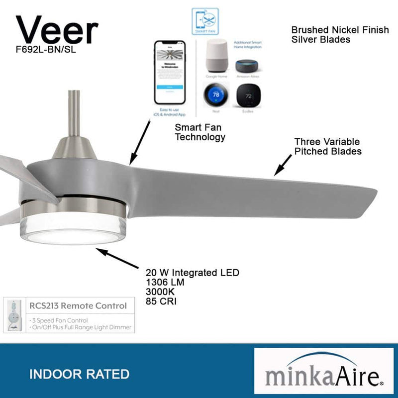 Minka Aire Veer F692L-BN/SL 56-Inch LED Ceiling Fan in Brushed Nickel with Remote