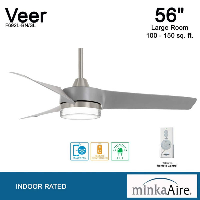 Minka Aire Veer F692L-BN/SL 56-Inch LED Ceiling Fan in Brushed Nickel with Remote