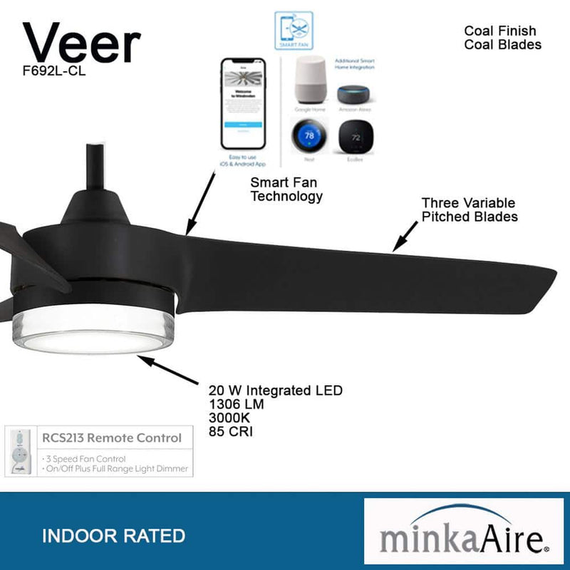 Minka Aire F692L-CL Veer 56" Coal Black LED Ceiling Fan with Remote Control - ALCOVE LIGHTING