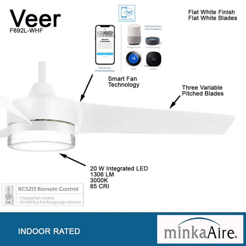 Minka Aire Veer F692L-WHF 56-Inch LED Ceiling Fan in Flat White with Remote