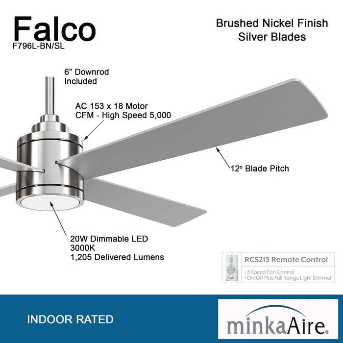 Minka Aire F796L-BN/SL Falco 54" Brushed Nickel LED Ceiling Fan + Remote Control