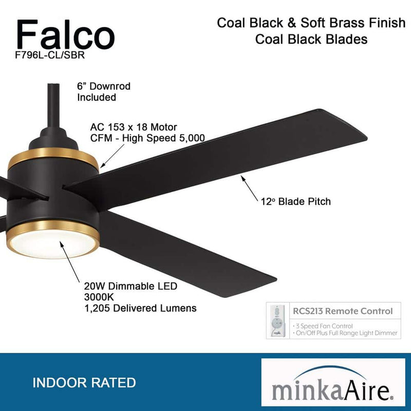 Minka Aire F796L-CL/SBR Falco 54" Coal and Soft Brass LED Ceiling Fan + Remote