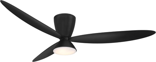 Minka Aire F468L-CL Hourglass 58-inch LED indoor hugger flush mount ceiling fan in Coal Black with three blades, integrated light, and remote control.