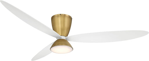 Minka Aire F468L-LBR/WHF Hourglass 58-inch LED indoor hugger flush mount ceiling fan in Legacy Brass with three Flat White blades, integrated light, and remote control.