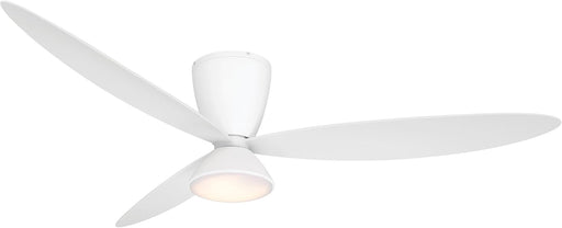 Minka Aire F468L-WHF Hourglass 58-inch LED indoor hugger flush mount ceiling fan in Flat White with three blades, integrated light, and remote control.