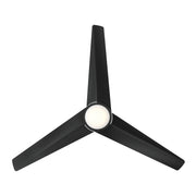 Bottom view of the Minka Aire F646L-CL Verna 52-inch 5CCT LED indoor ceiling fan in Coal Black with 3 ABS blades, integrated LED light, and remote control