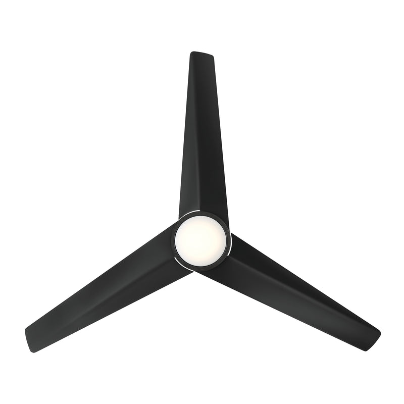 Bottom view of the Minka Aire F646L-CL Verna 52-inch 5CCT LED indoor ceiling fan in Coal Black with 3 ABS blades, integrated LED light, and remote control