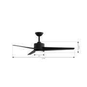 Dimension diagram of the Minka Aire F646L-CL Verna 52-inch 5CCT LED indoor ceiling fan in Coal Black with remote, showing 52-inch blade span and key fixture measurements