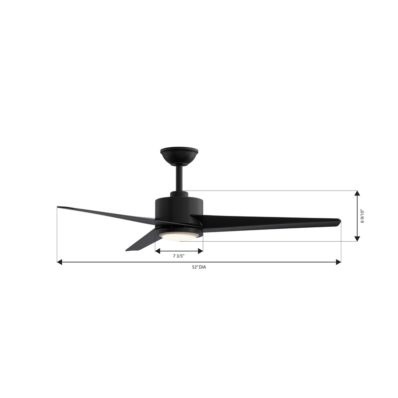Dimension diagram of the Minka Aire F646L-CL Verna 52-inch 5CCT LED indoor ceiling fan in Coal Black with remote, showing 52-inch blade span and key fixture measurements