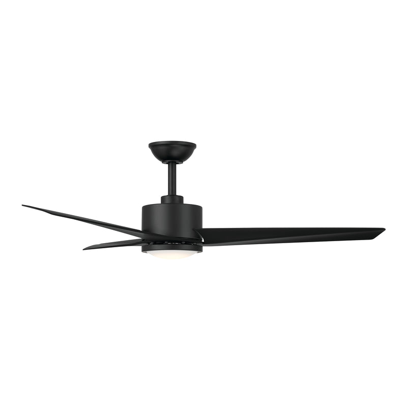 Front angle view of the Minka Aire F646L-CL Verna 52-inch 5CCT LED indoor ceiling fan in Coal Black with 3 ABS blades, integrated LED light, and remote control