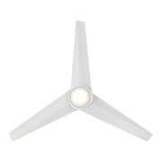 Bottom view of the Minka Aire F646L-WHF Verna 52-inch 5CCT LED indoor ceiling fan in Flat White with 3 ABS blades, integrated LED light, and remote control
