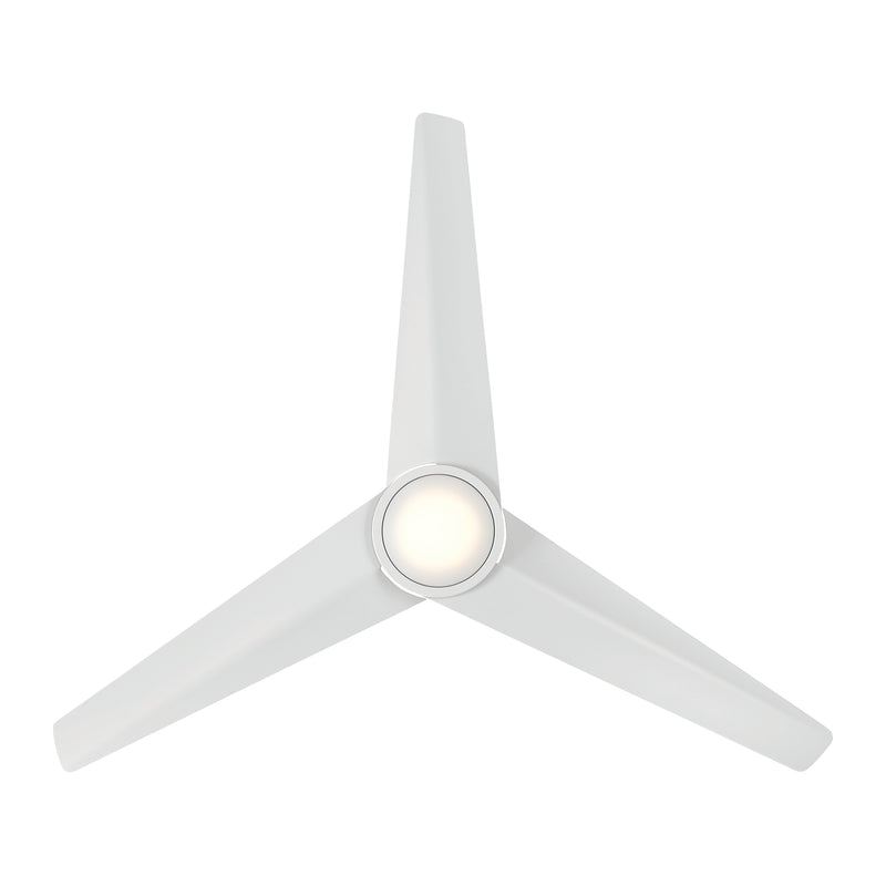 Bottom view of the Minka Aire F646L-WHF Verna 52-inch 5CCT LED indoor ceiling fan in Flat White with 3 ABS blades, integrated LED light, and remote control