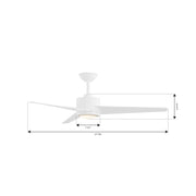 Dimension diagram of the Minka Aire F646L-WHF Verna 52-inch 5CCT LED indoor ceiling fan in Flat White with remote, showing 52-inch blade span and key fixture measurements