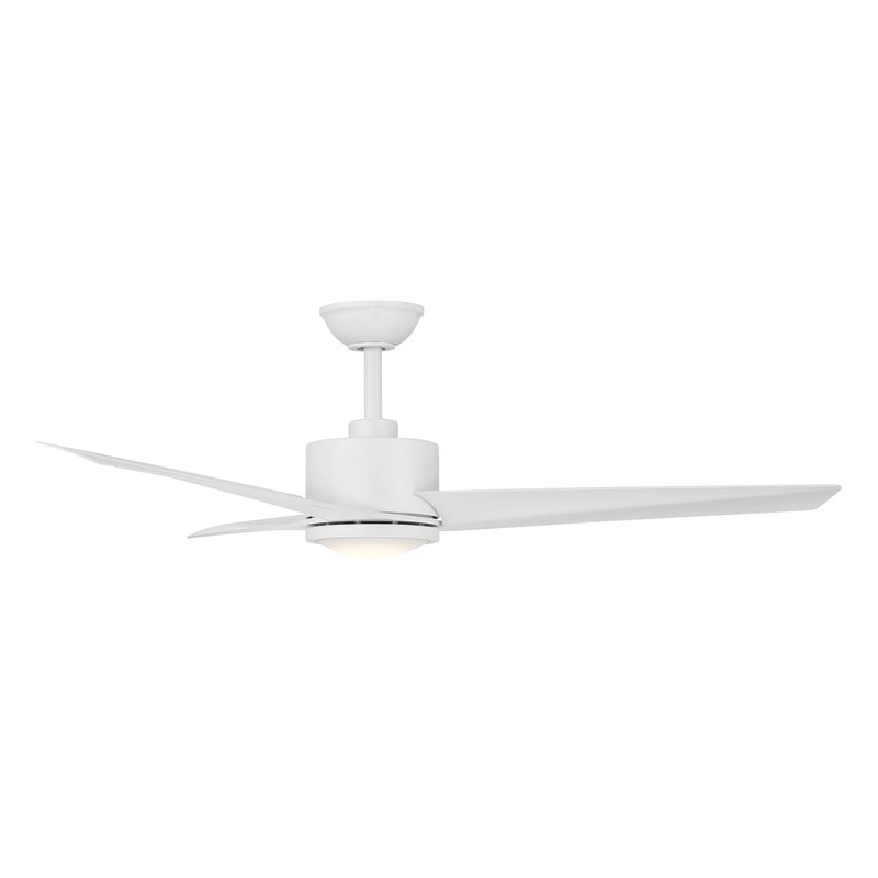 Front angle view of the Minka Aire F646L-WHF Verna 52-inch 5CCT LED indoor ceiling fan in Flat White with 3 ABS blades, integrated LED light, and remote control