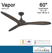 Minka Aire F662-CL/TK Vapor 60-inch ceiling fan in Coal Black, Toned Koa Carved Wood Blades with remote, shown as indoor rated for great rooms over 160 square feet